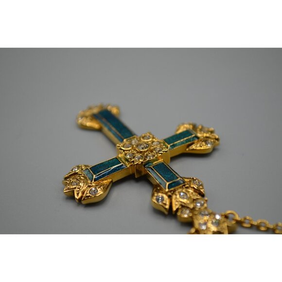 Ciro Thailand Gold Tone Cross Pendant Necklace w/ Green Inlay 19" Chain - Picture 6 of 9